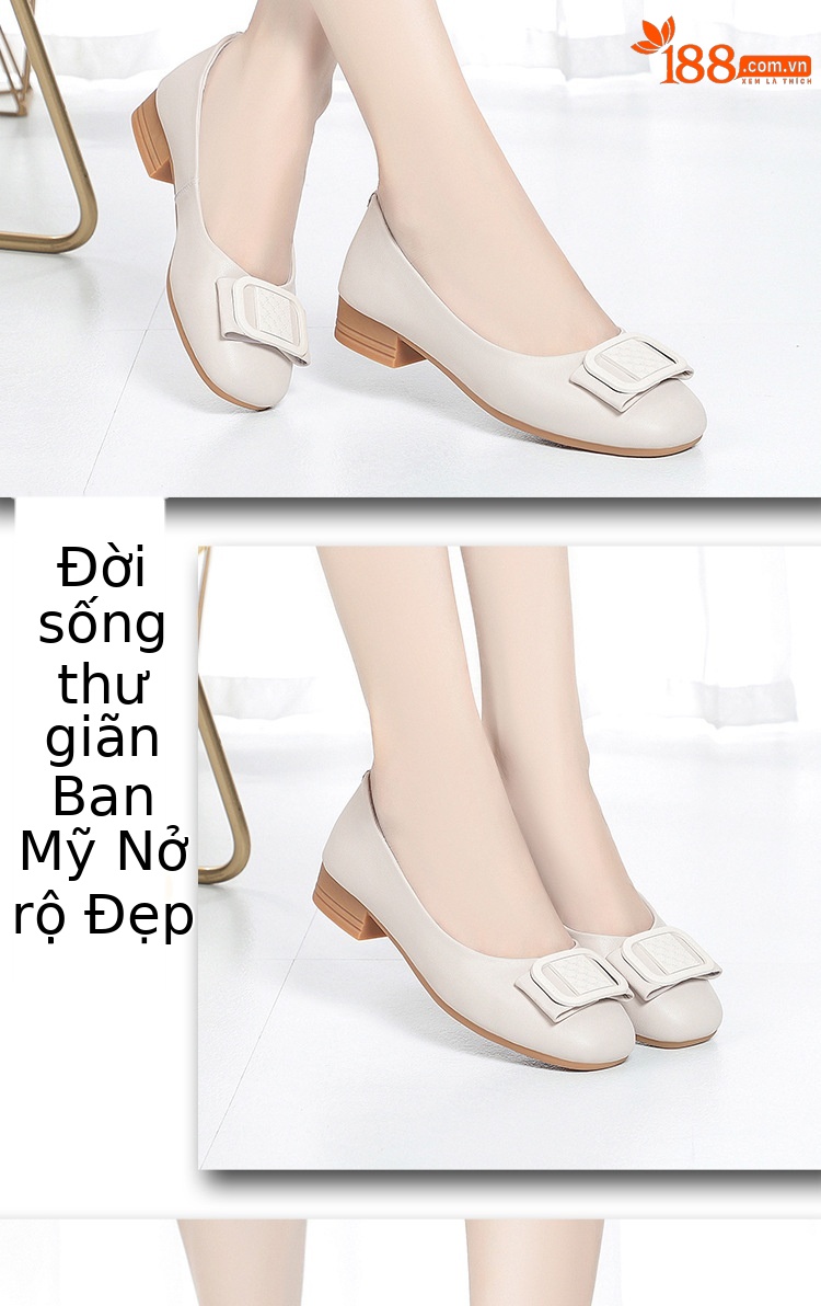 Giày búp bê nữ da thật gót thấp đế mềm thoáng khí miệng nông — màu be chi tiết 11