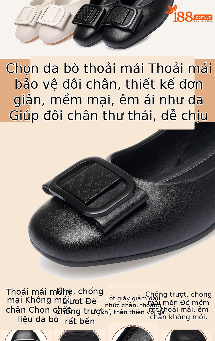 Giày búp bê nữ da thật gót thấp đế mềm thoáng khí miệng nông — màu be chi tiết 5