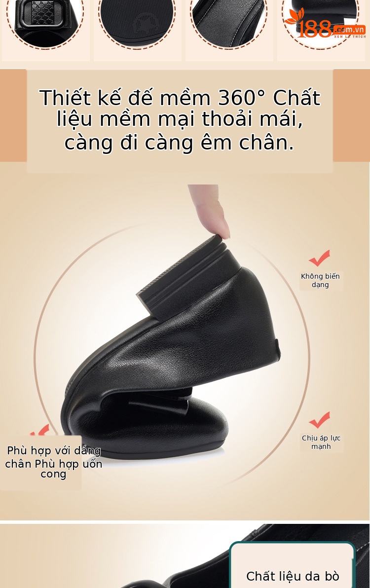 Giày búp bê nữ da thật gót thấp đế mềm thoáng khí miệng nông — màu be chi tiết 6