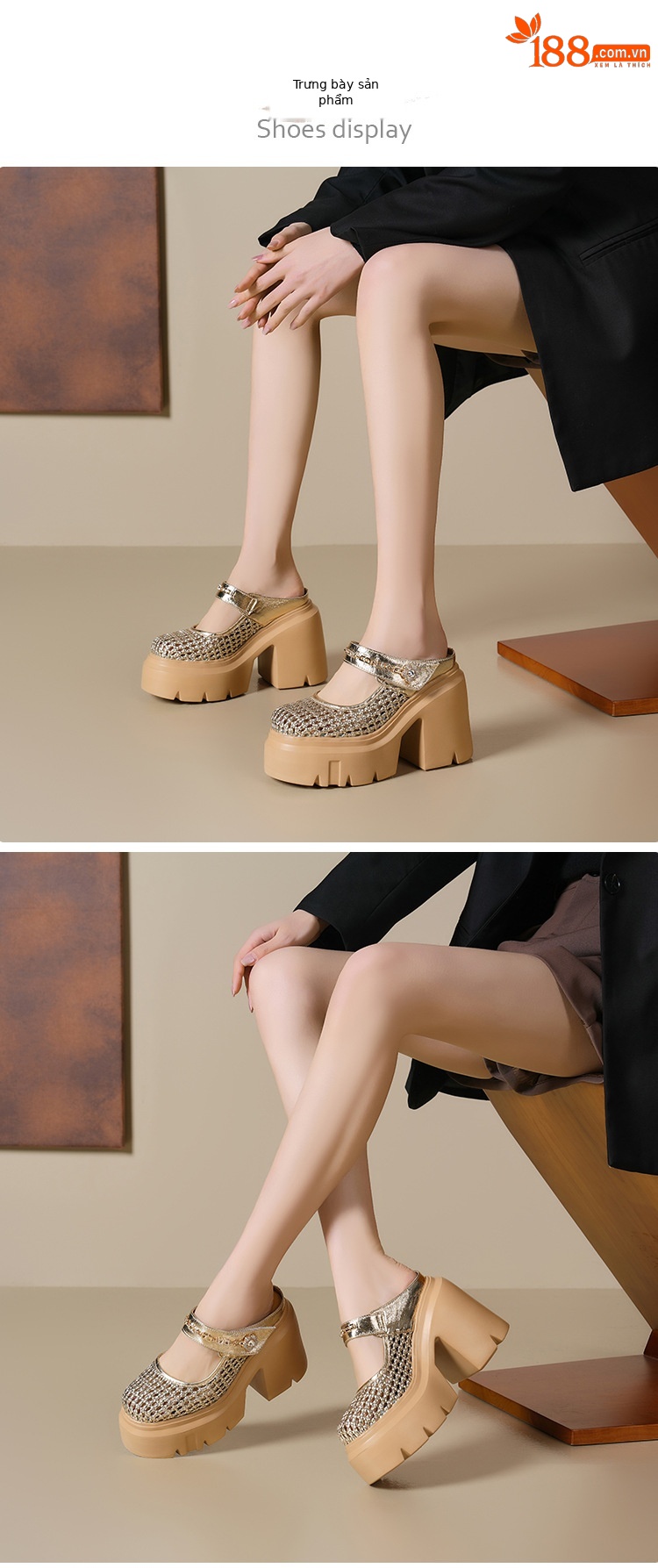 Sandal bít mũi đế dày 12cm tăng chiều cao, dệt lưới rỗng, dép lê cao gót Muller — Màu đen, Màu vàng nhạt, Màu trắng chi tiết 6