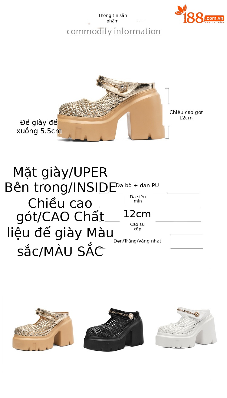 Sandal bít mũi đế dày 12cm tăng chiều cao, dệt lưới rỗng, dép lê cao gót Muller — Màu đen, Màu vàng nhạt, Màu trắng chi tiết 4