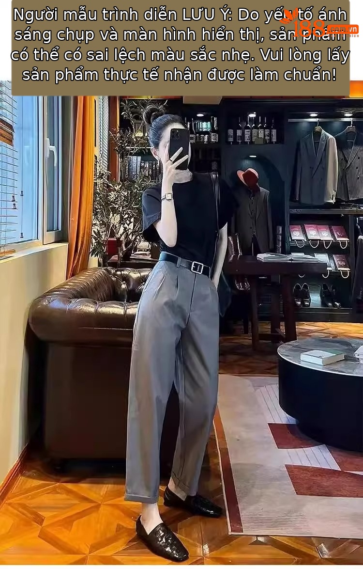 Quần tây nữ ống đứng dáng suông rộng, cạp cao, form ống khói (cigarette pants) mùa hè — Màu xám (không có thắt lưng) chi tiết 7