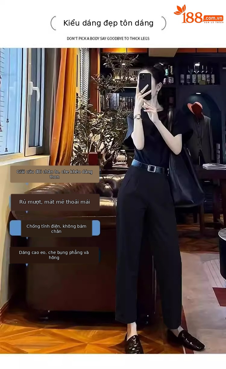 Quần tây nữ ống đứng dáng suông rộng, cạp cao, form ống khói (cigarette pants) mùa hè — Màu xám (không có thắt lưng) chi tiết 2