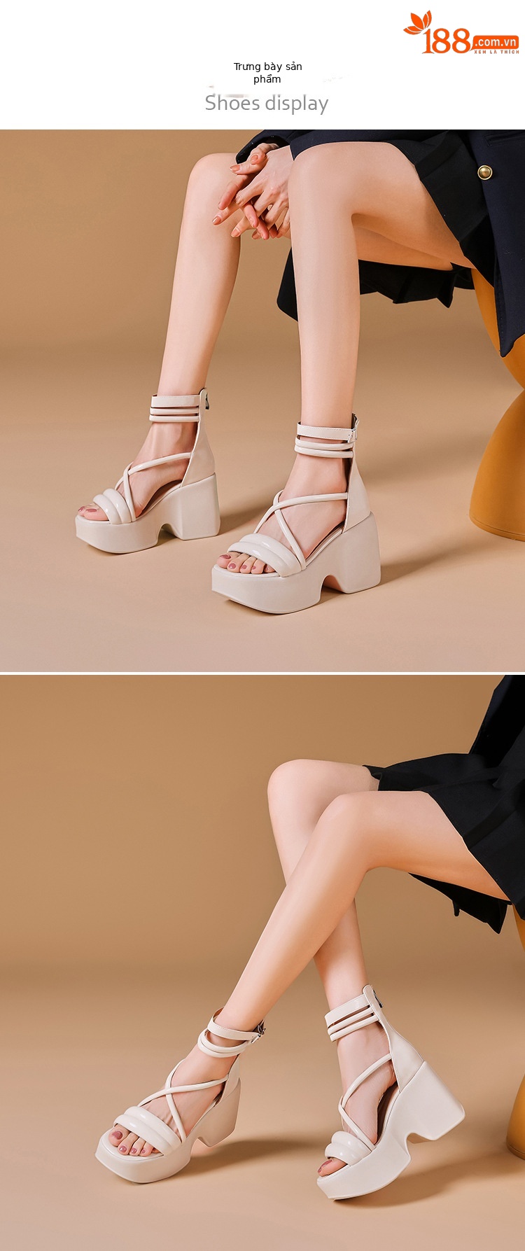Sandal cao gót La Mã hở mũi đế platform dây kéo sau gót 10 cm — Màu đen, Màu hồng, Màu trắng be chi tiết 5