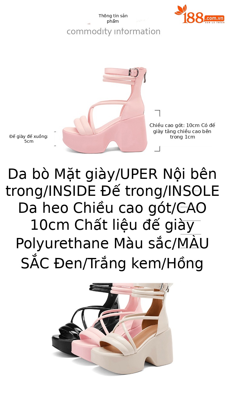 Sandal cao gót La Mã hở mũi đế platform dây kéo sau gót 10 cm — Màu đen, Màu hồng, Màu trắng be chi tiết 3