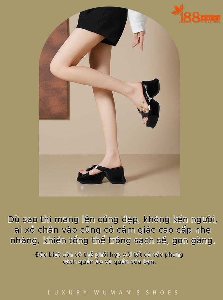 Sandal cao gót nữ đính đá trong suốt quai ngang gót 9cm đế xuồng — Màu đen, Màu trắng be, Màu mơ chi tiết 2