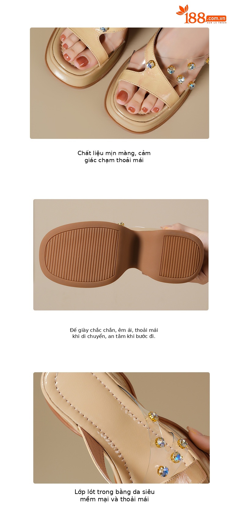 Sandal cao gót nữ đính đá trong suốt quai ngang gót 9cm đế xuồng — Màu đen, Màu trắng be, Màu mơ chi tiết 4