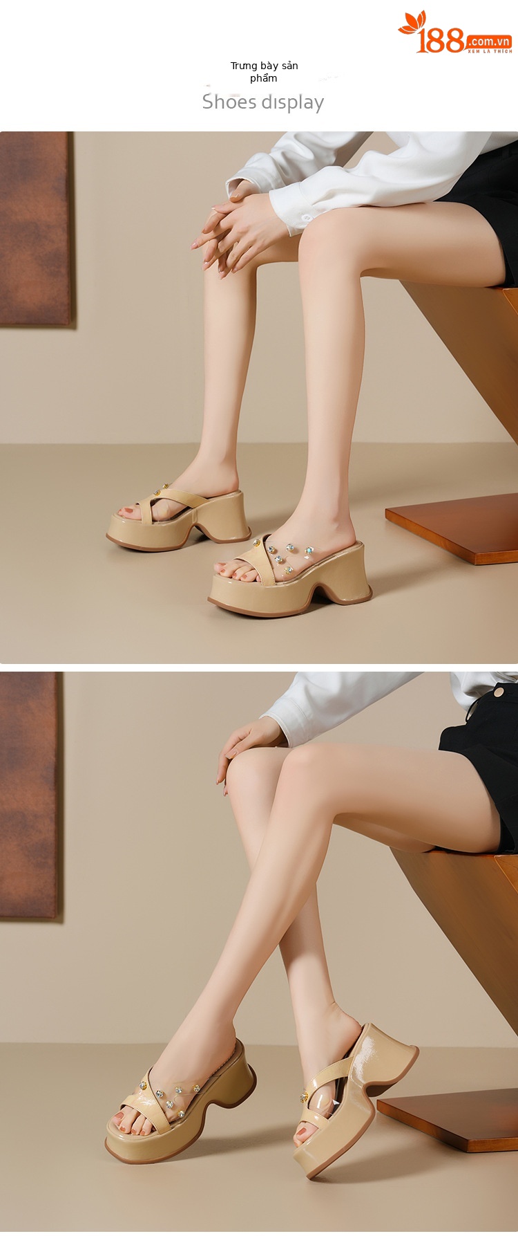 Sandal cao gót nữ đính đá trong suốt quai ngang gót 9cm đế xuồng — Màu đen, Màu trắng be, Màu mơ chi tiết 5