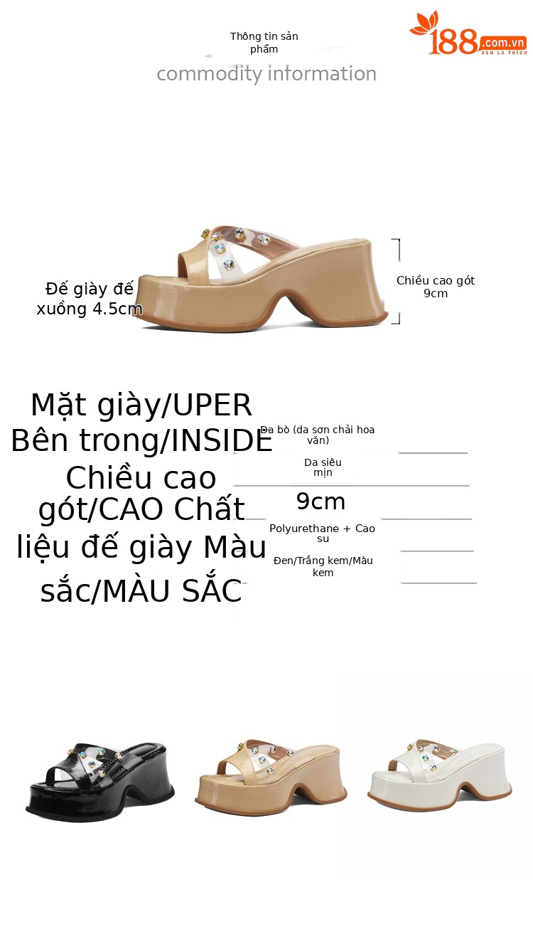 Sandal cao gót nữ đính đá trong suốt quai ngang gót 9cm đế xuồng — Màu đen, Màu trắng be, Màu mơ chi tiết 3