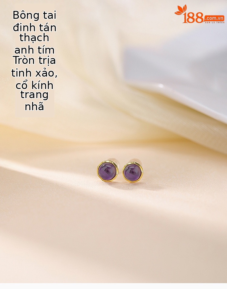 Bông tai bạc S925 đính đá thạch anh tím cắt cạnh hình học hạt tròn — Một cặp chi tiết 1