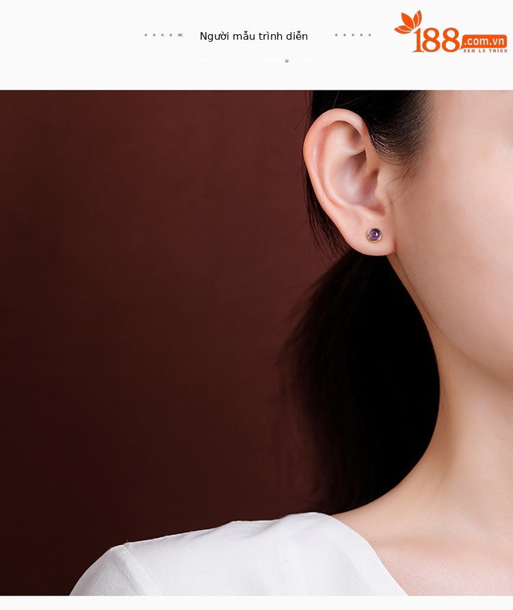 Bông tai bạc S925 đính đá thạch anh tím cắt cạnh hình học hạt tròn — Một cặp chi tiết 3