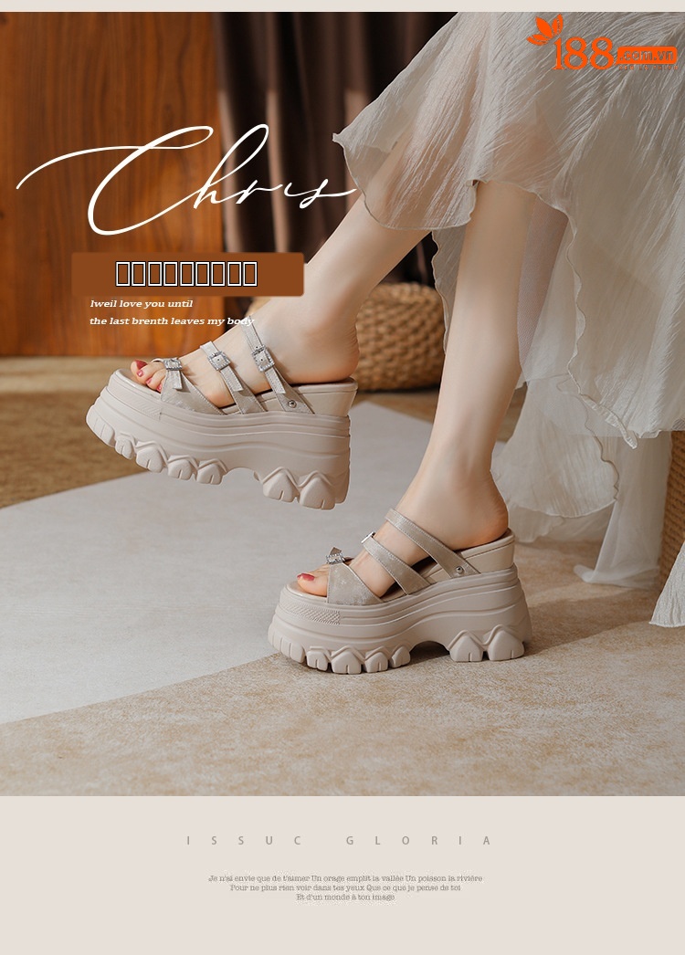 Sandal cao gót nữ đế xuồng 12cm da bò nguyên chất quai ngang — Màu đen, Màu trắng be, Màu hạnh nhân đậm chi tiết 1