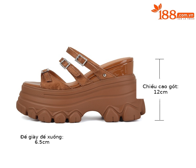 Sandal cao gót nữ đế xuồng 12cm da bò nguyên chất quai ngang — Màu đen, Màu trắng be, Màu hạnh nhân đậm chi tiết 3