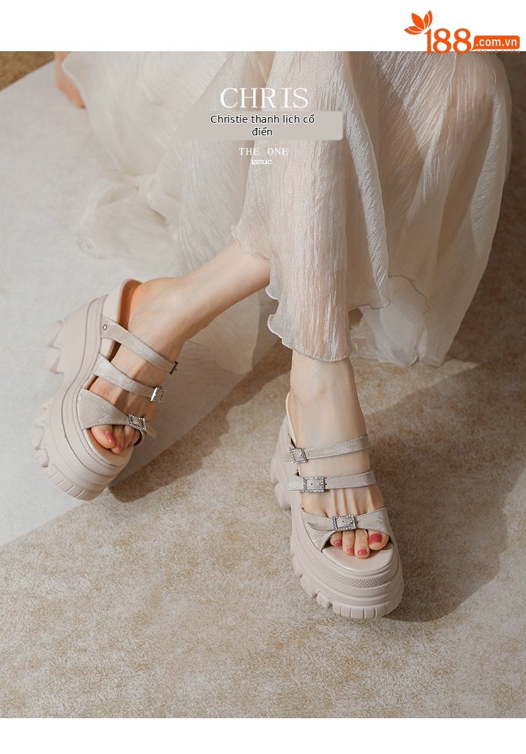 Sandal cao gót nữ đế xuồng 12cm da bò nguyên chất quai ngang — Màu đen, Màu trắng be, Màu hạnh nhân đậm chi tiết 4