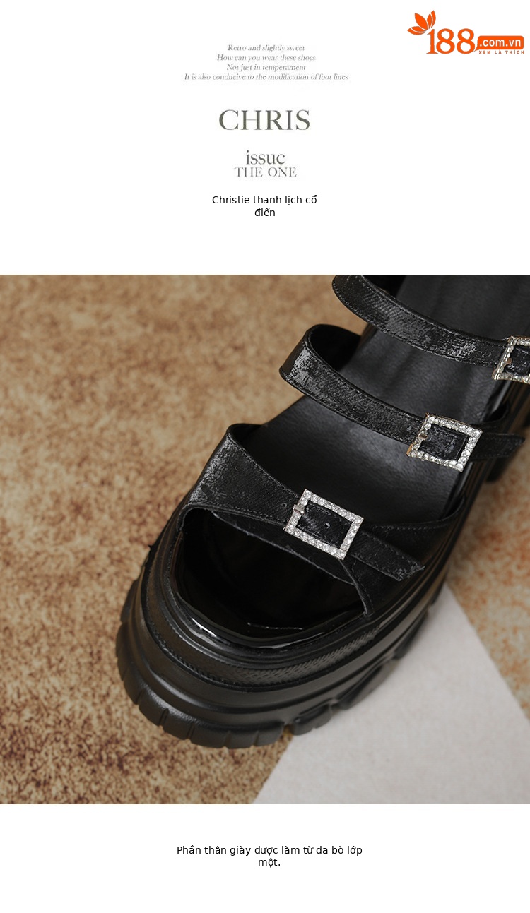 Sandal cao gót nữ đế xuồng 12cm da bò nguyên chất quai ngang — Màu đen, Màu trắng be, Màu hạnh nhân đậm chi tiết 6