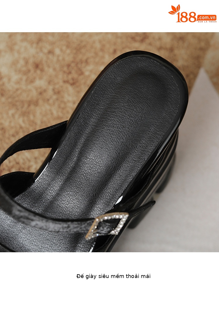 Sandal cao gót nữ đế xuồng 12cm da bò nguyên chất quai ngang — Màu đen, Màu trắng be, Màu hạnh nhân đậm chi tiết 8
