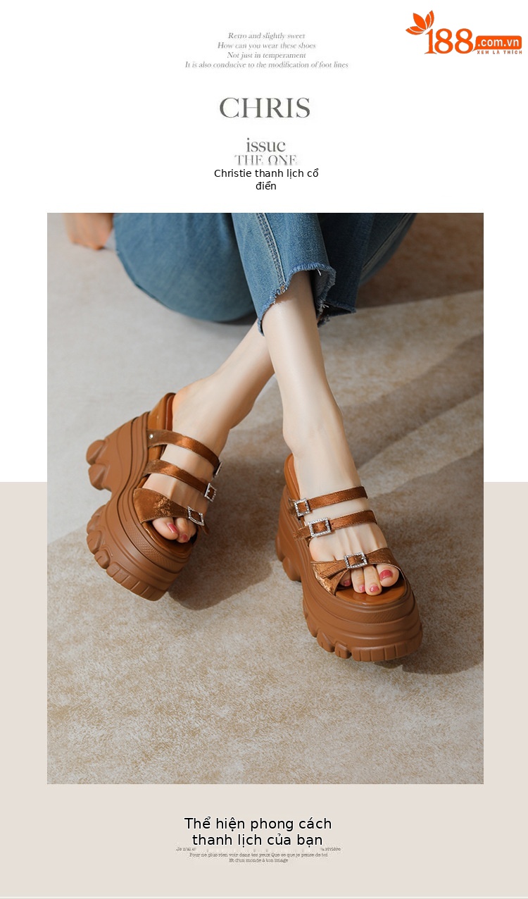 Sandal cao gót nữ đế xuồng 12cm da bò nguyên chất quai ngang — Màu đen, Màu trắng be, Màu hạnh nhân đậm chi tiết 10