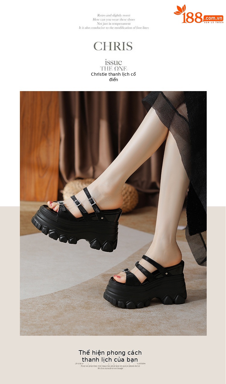 Sandal cao gót nữ đế xuồng 12cm da bò nguyên chất quai ngang — Màu đen, Màu trắng be, Màu hạnh nhân đậm chi tiết 19