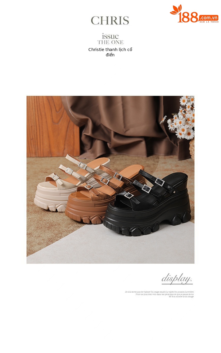 Sandal cao gót nữ đế xuồng 12cm da bò nguyên chất quai ngang — Màu đen, Màu trắng be, Màu hạnh nhân đậm chi tiết 24