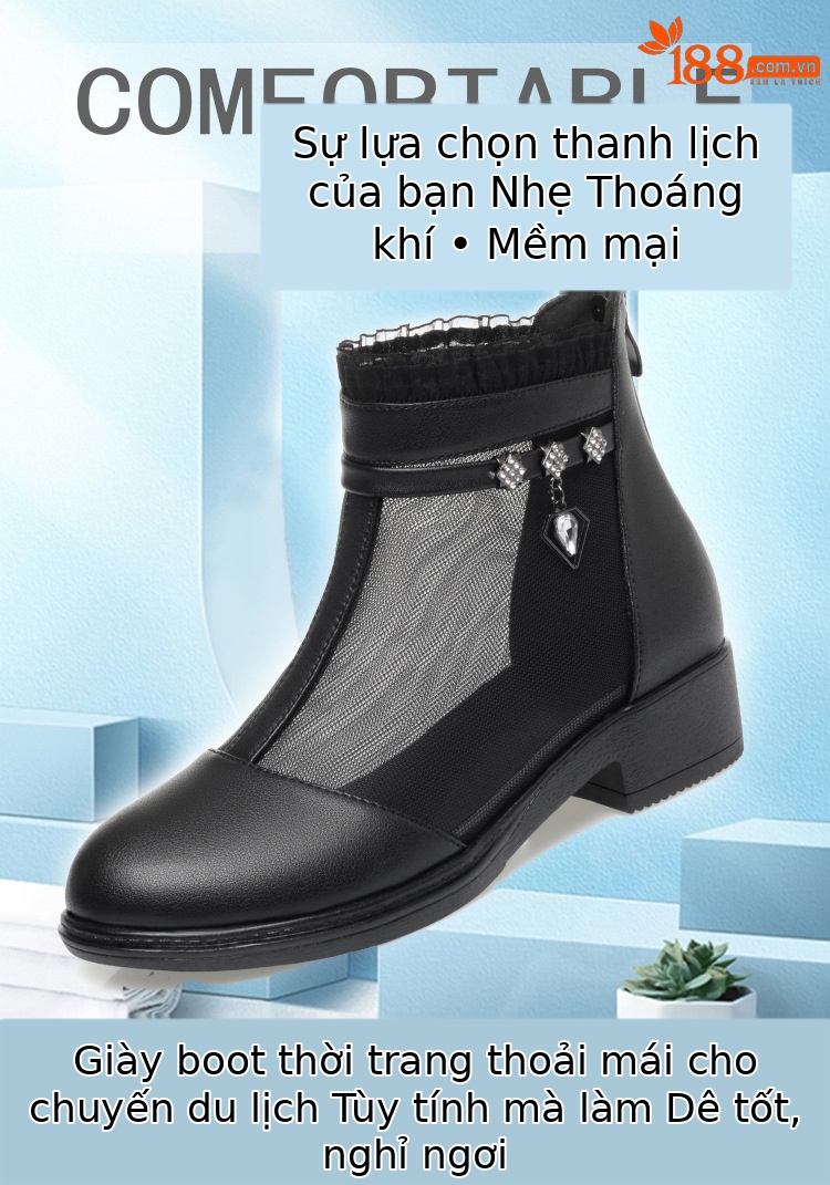 Boot lưới da thật cổ thấp gót giữa cho nữ — Trắng be (kiểu bao đầu) chi tiết 1