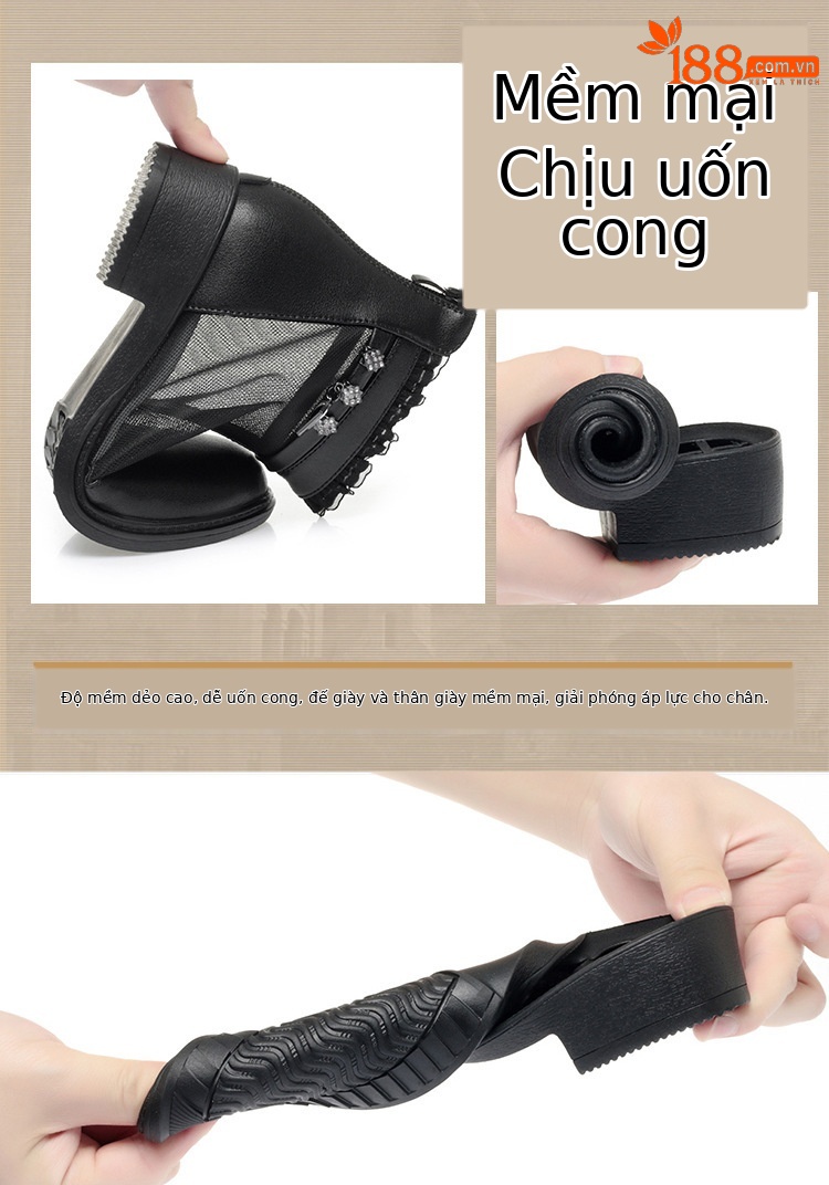 Boot lưới da thật cổ thấp gót giữa cho nữ — Trắng be (kiểu bao đầu) chi tiết 4