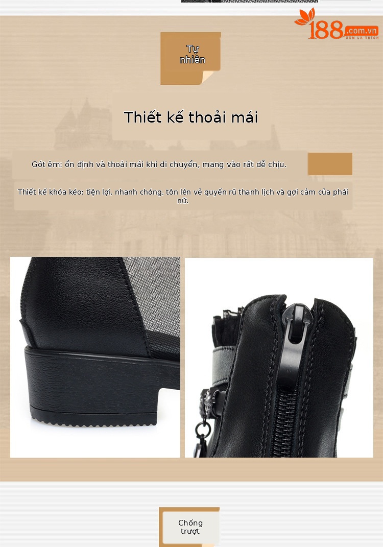 Boot lưới da thật cổ thấp gót giữa cho nữ — Trắng be (kiểu bao đầu) chi tiết 6