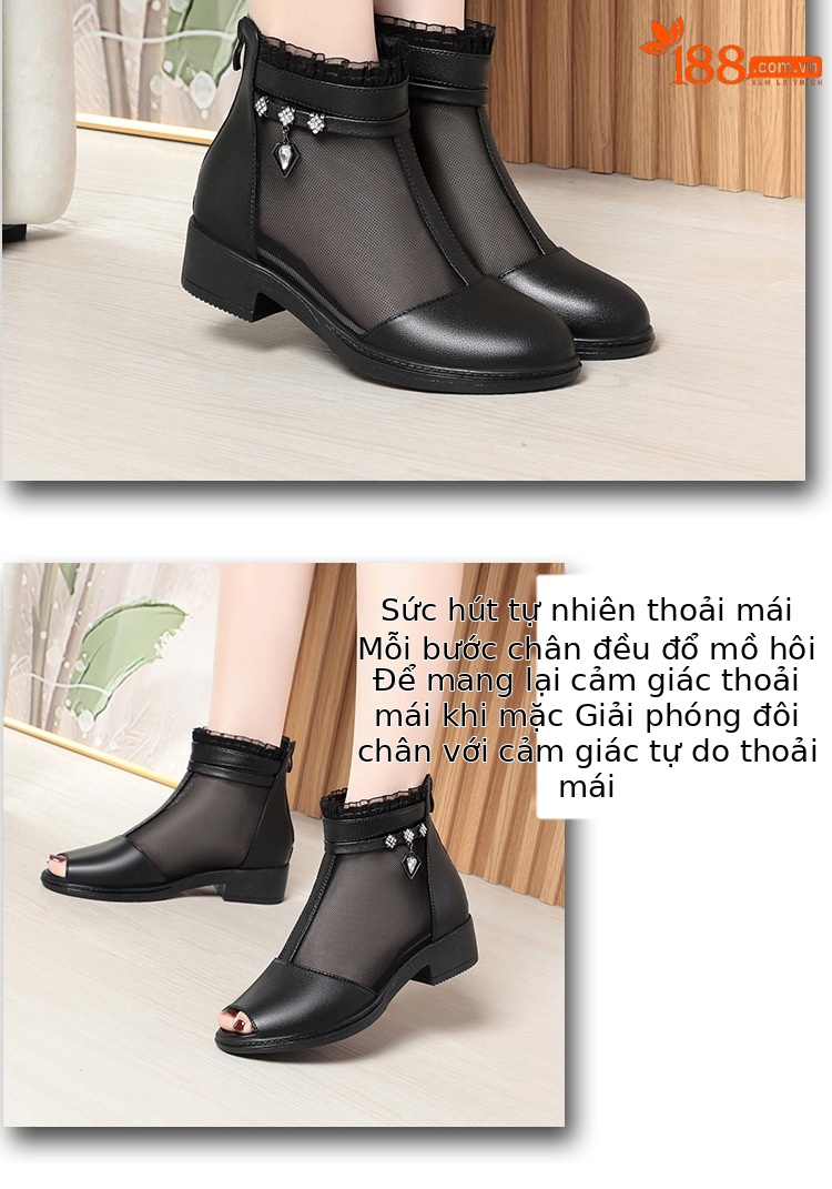 Boot lưới da thật cổ thấp gót giữa cho nữ — Trắng be (kiểu bao đầu) chi tiết 12