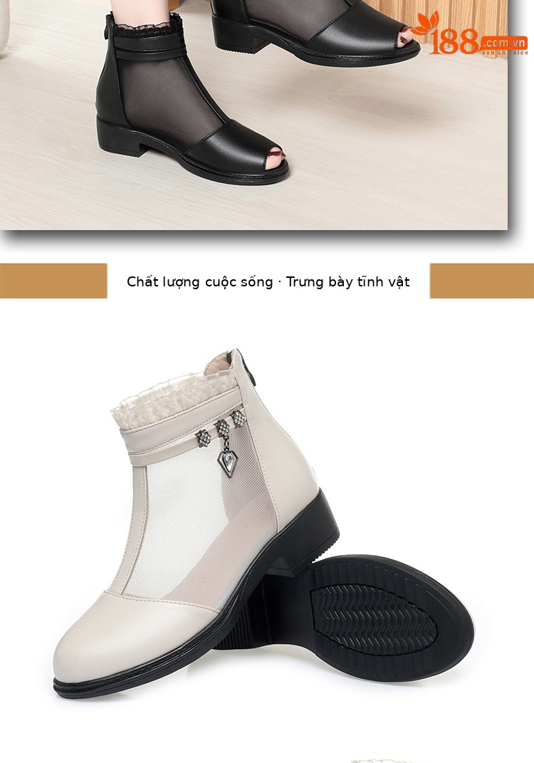Boot lưới da thật cổ thấp gót giữa cho nữ — Trắng be (kiểu bao đầu) chi tiết 14