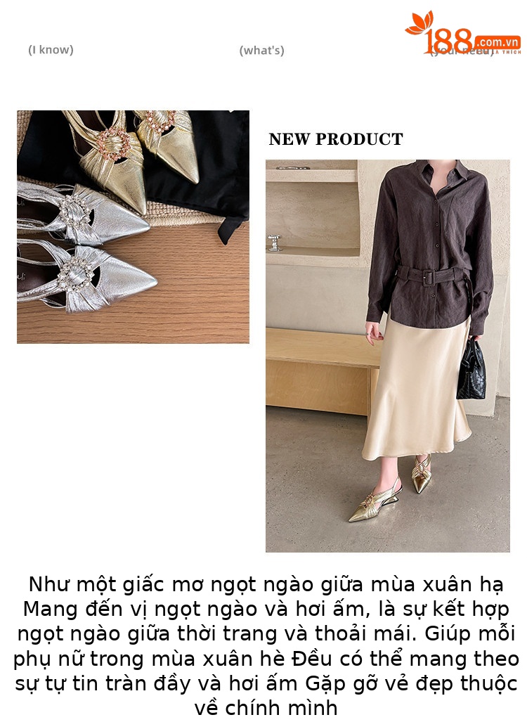 Sandal nữ mũi nhọn đính đá, quai sau có khóa, gót không đều, da thật — vàng, bạc chi tiết 1