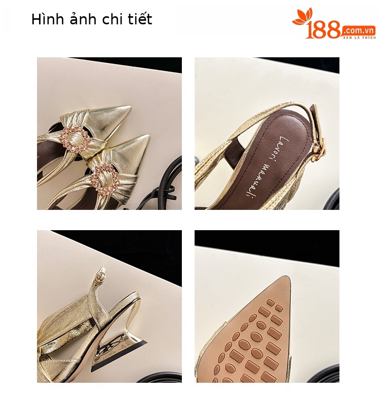 Sandal nữ mũi nhọn đính đá, quai sau có khóa, gót không đều, da thật — vàng, bạc chi tiết 3