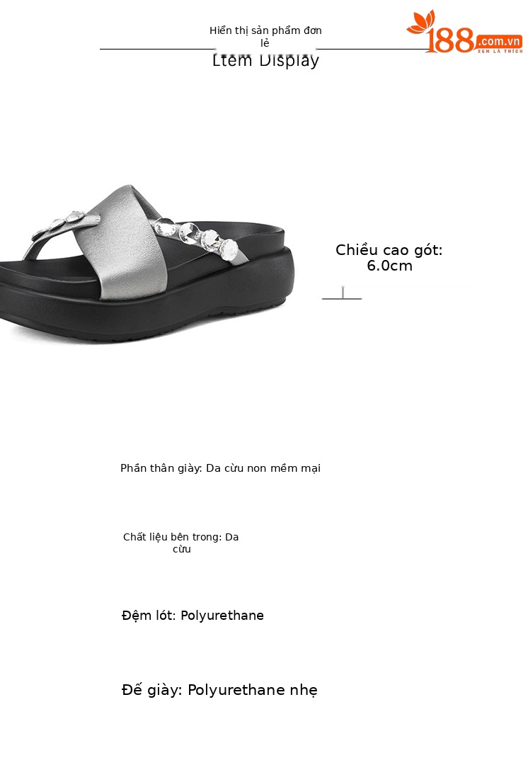 Dép sandal nữ xỏ ngón đế xuồng đính đá pha lê, đế dày thoải mái, đi biển mùa hè — đen, bạc chi tiết 2