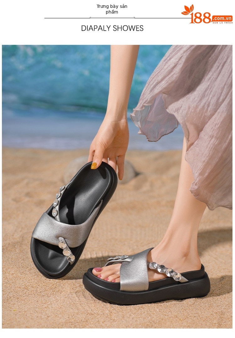 Dép sandal nữ xỏ ngón đế xuồng đính đá pha lê, đế dày thoải mái, đi biển mùa hè — đen, bạc chi tiết 3