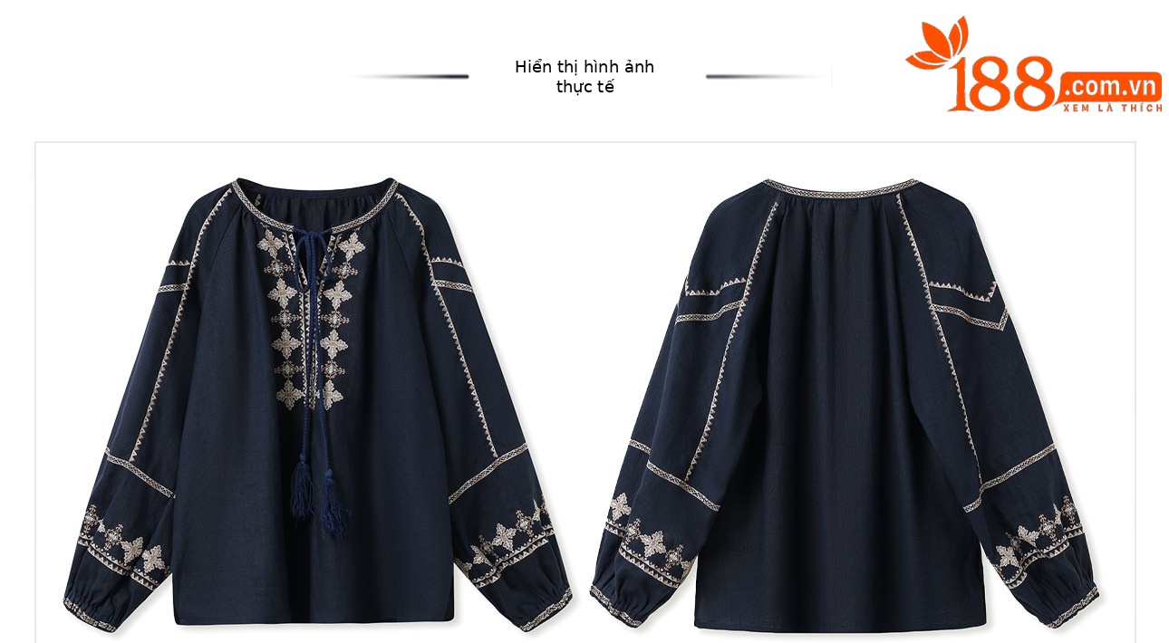 Áo sơ mi nữ phong cách Tân Trung Hoa thêu họa tiết nghệ thuật, chất liệu nhẹ mỏng, form rộng thoải mái — Màu xanh lam nhạt, Màu trắng be, Màu xanh đậm chi tiết 4