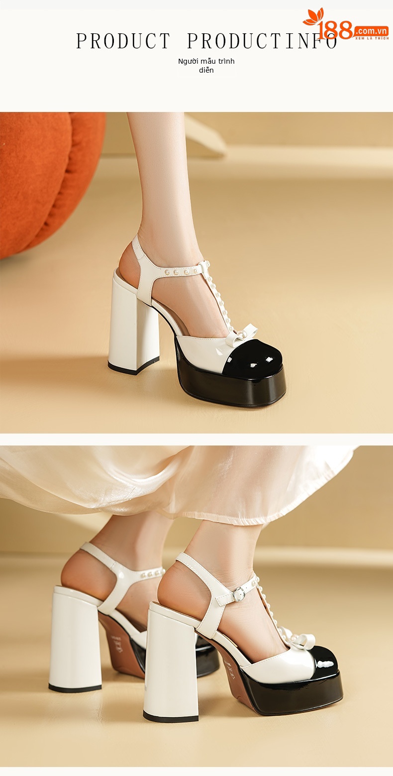 Sandal cao gót nữ mũi vuông phối màu nơ da, gót 12 cm — Màu trắng, Màu bạc chi tiết 2