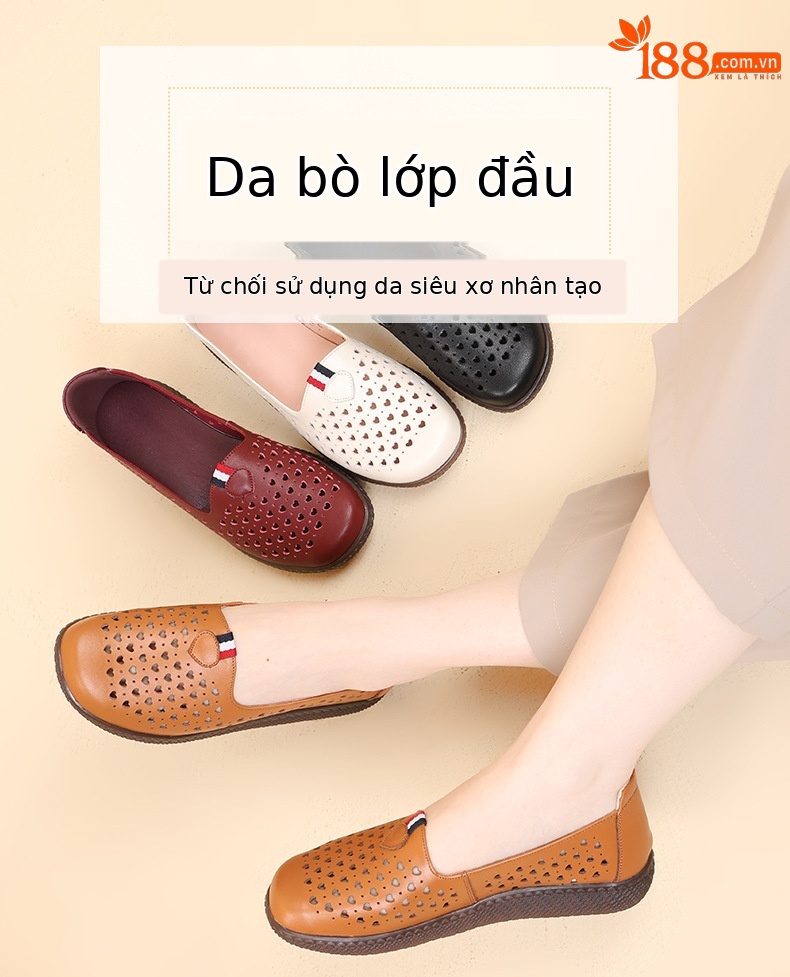 Dép da thật nữ đế phẳng quai chữ V lỗ rỗng mùa hè — nâu chi tiết 1
