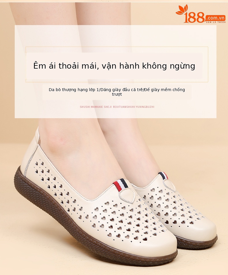 Dép da thật nữ đế phẳng quai chữ V lỗ rỗng mùa hè — nâu chi tiết 2