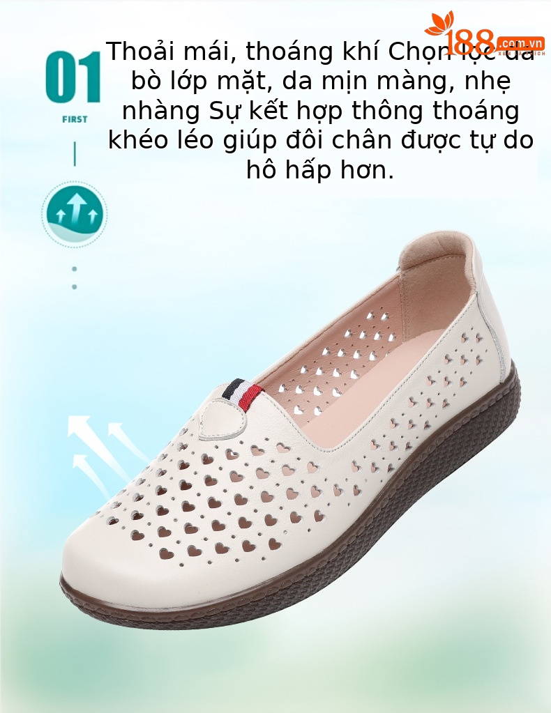 Dép da thật nữ đế phẳng quai chữ V lỗ rỗng mùa hè — nâu chi tiết 3