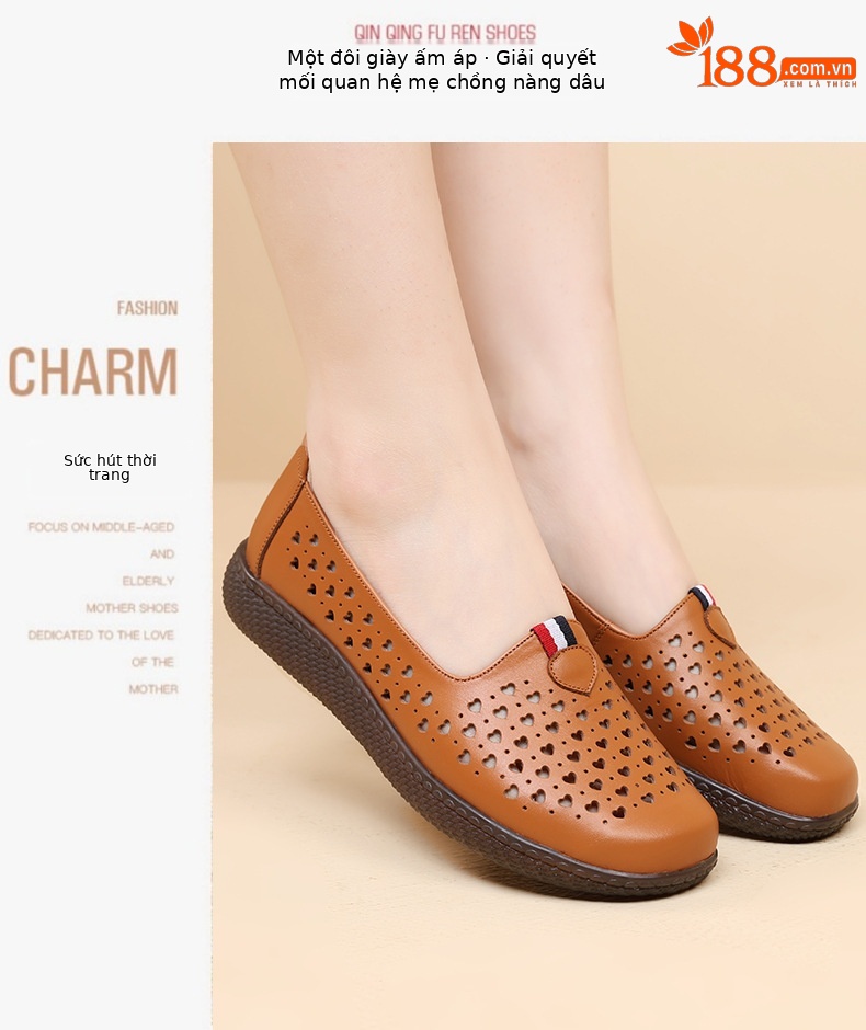 Dép da thật nữ đế phẳng quai chữ V lỗ rỗng mùa hè — nâu chi tiết 10