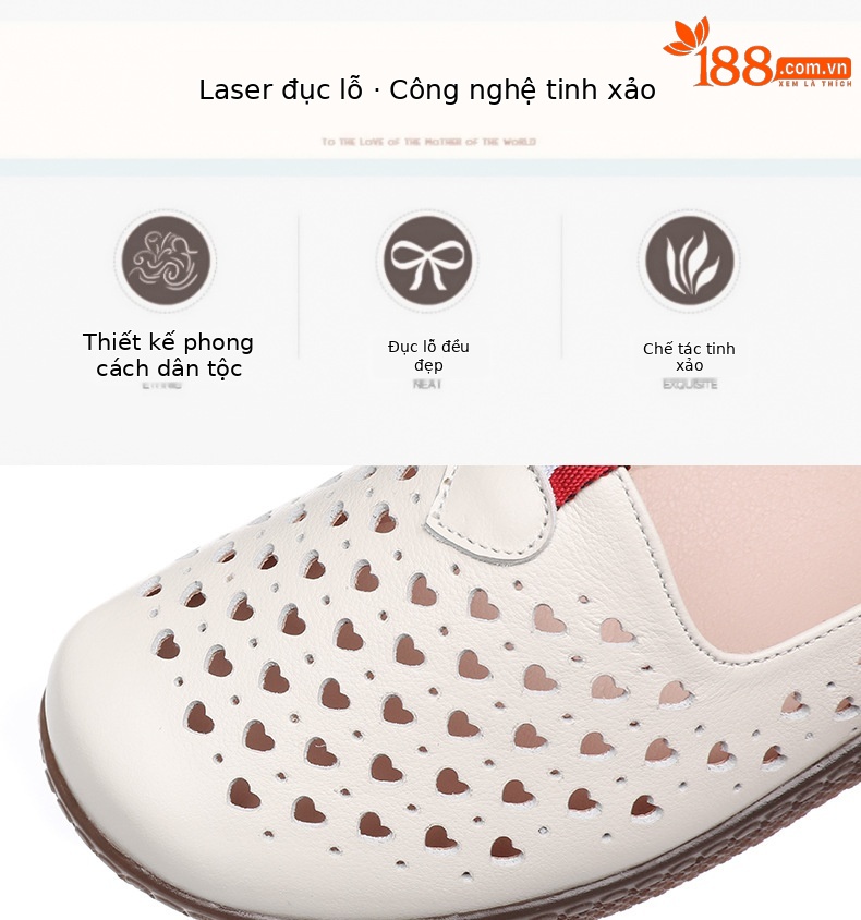 Dép da thật nữ đế phẳng quai chữ V lỗ rỗng mùa hè — nâu chi tiết 17