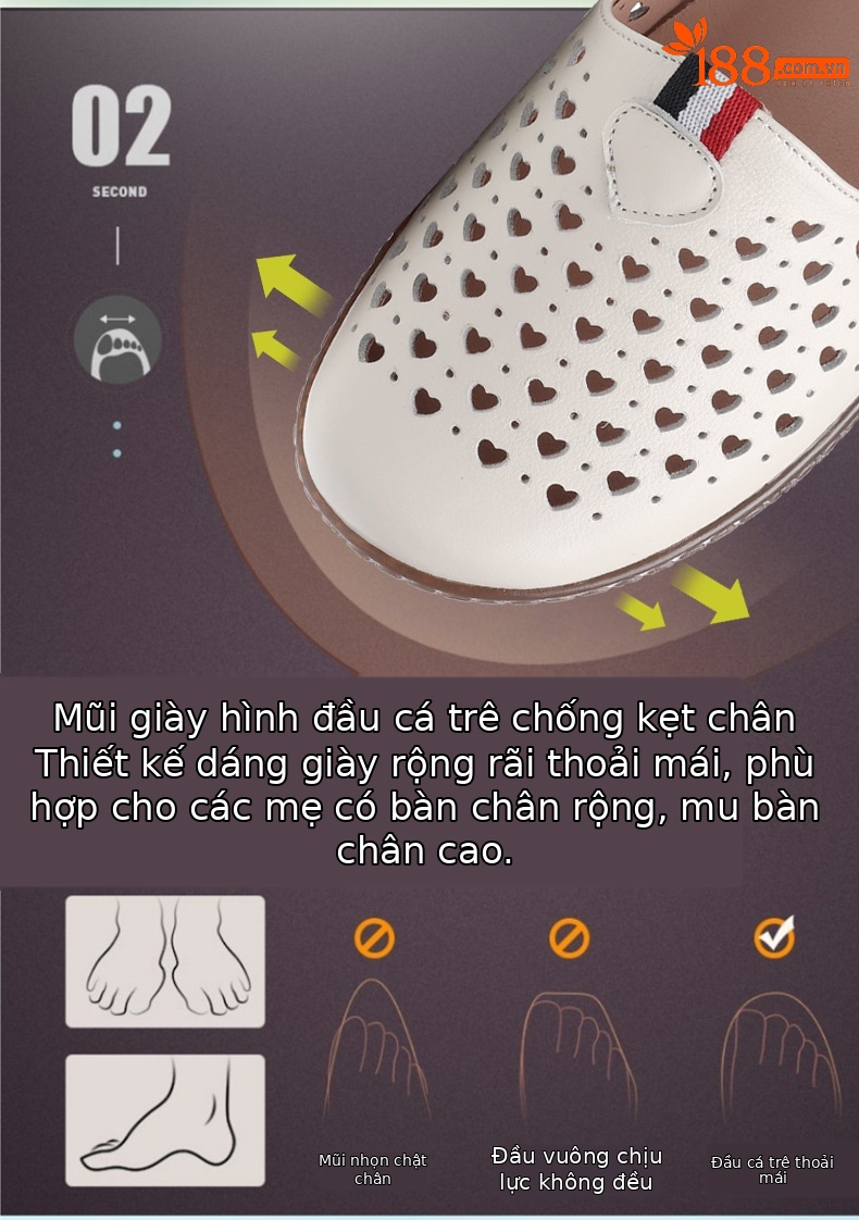 Dép da thật nữ đế phẳng quai chữ V lỗ rỗng mùa hè — nâu chi tiết 4