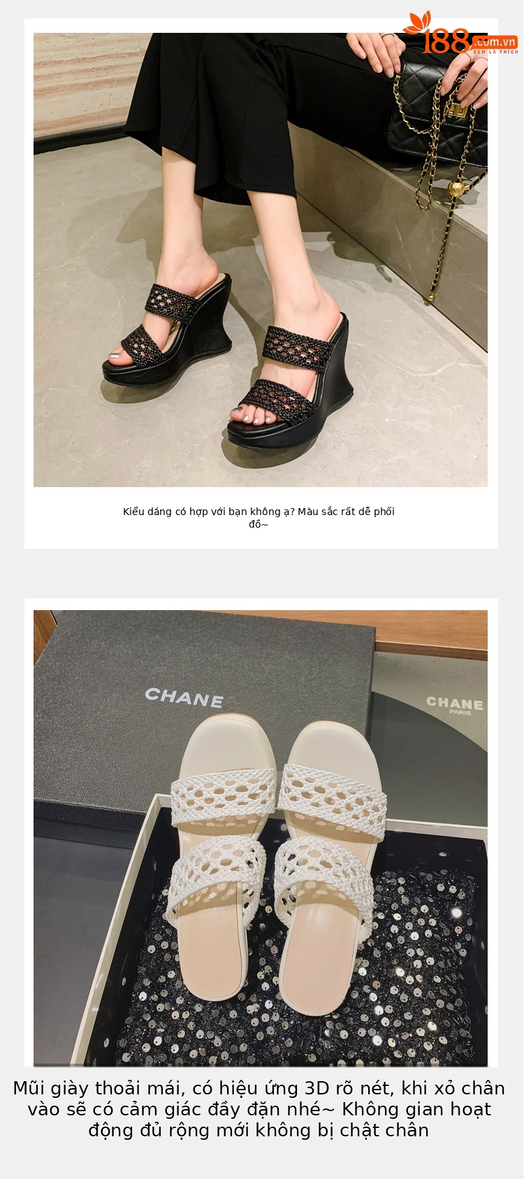 Dép lê đan phong cách Chanel đế xuồng cao gót 10cm cho nữ mùa hè — Màu đen, Màu trắng chi tiết 5