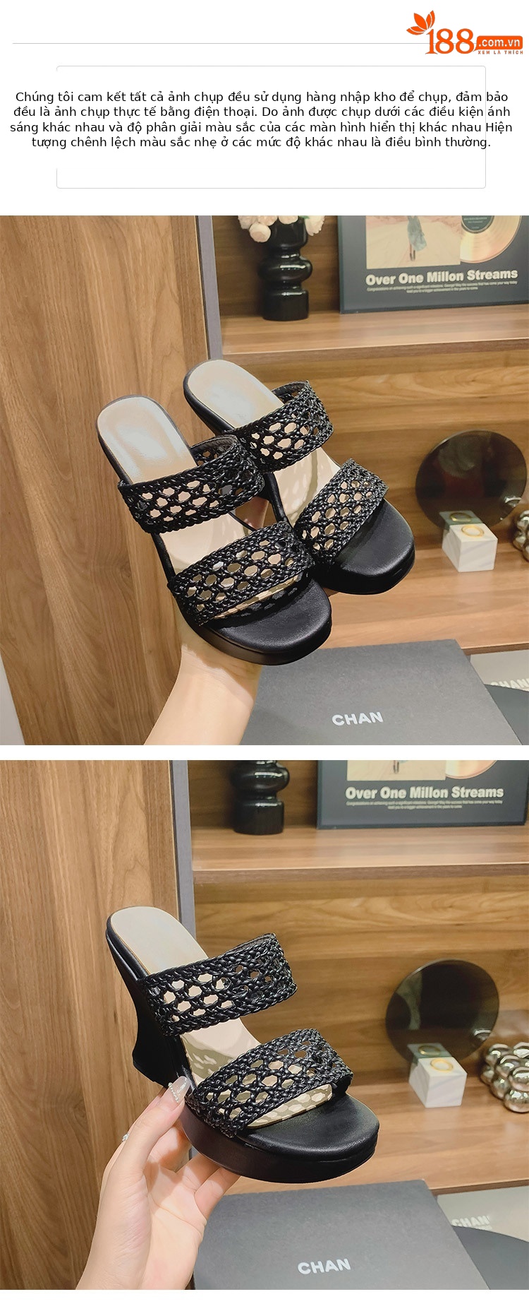 Dép lê đan phong cách Chanel đế xuồng cao gót 10cm cho nữ mùa hè — Màu đen, Màu trắng chi tiết 7