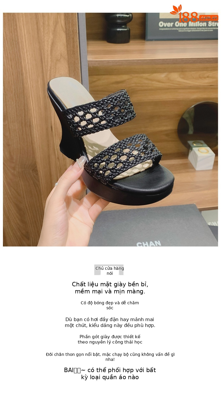 Dép lê đan phong cách Chanel đế xuồng cao gót 10cm cho nữ mùa hè — Màu đen, Màu trắng chi tiết 1