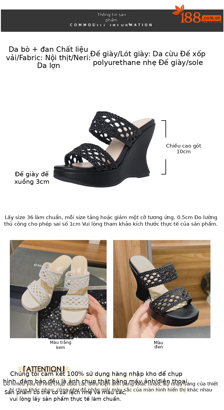 Dép lê đan phong cách Chanel đế xuồng cao gót 10cm cho nữ mùa hè — Màu đen, Màu trắng chi tiết 2