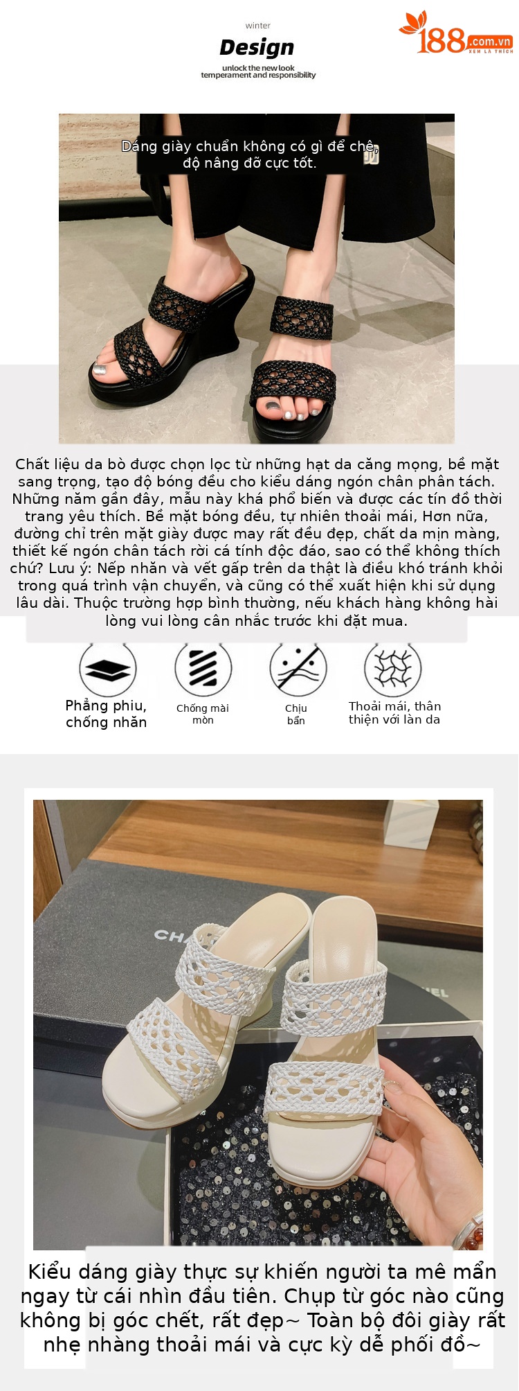 Dép lê đan phong cách Chanel đế xuồng cao gót 10cm cho nữ mùa hè — Màu đen, Màu trắng chi tiết 3