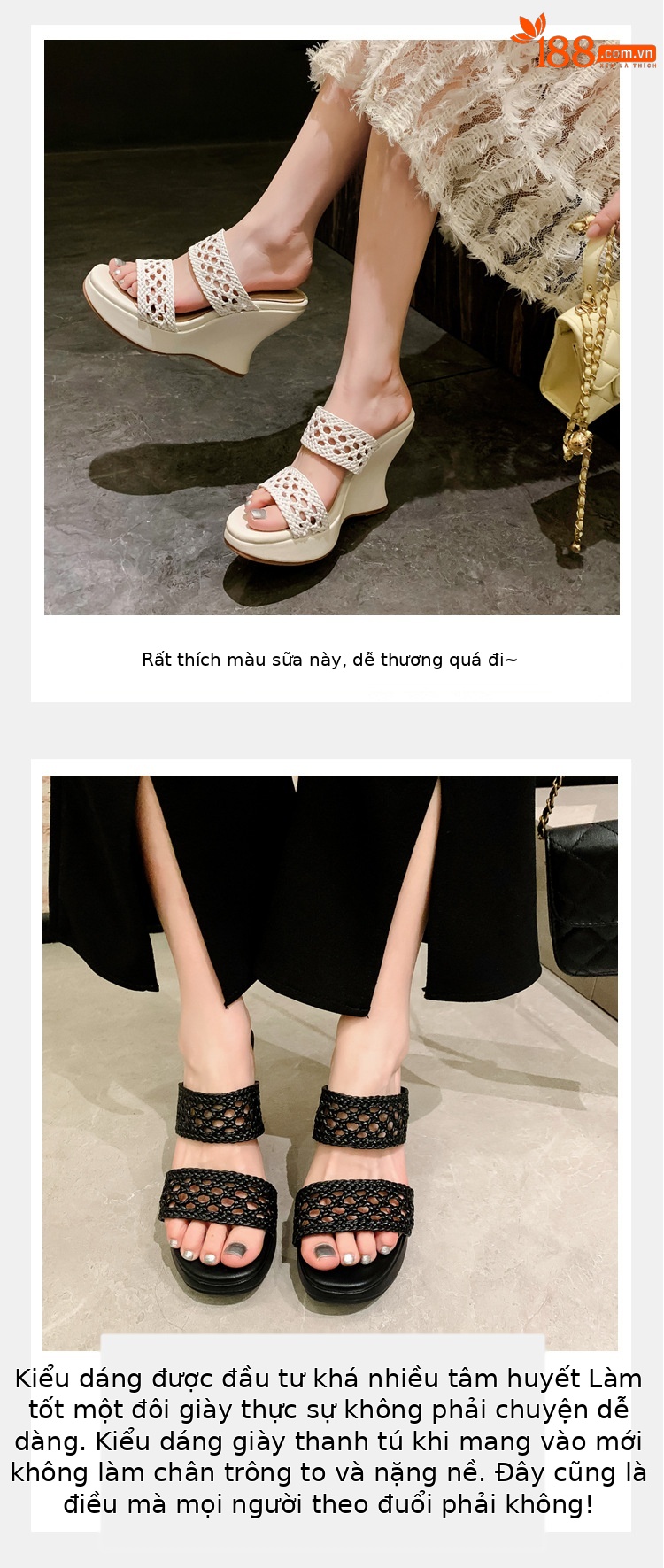 Dép lê đan phong cách Chanel đế xuồng cao gót 10cm cho nữ mùa hè — Màu đen, Màu trắng chi tiết 4