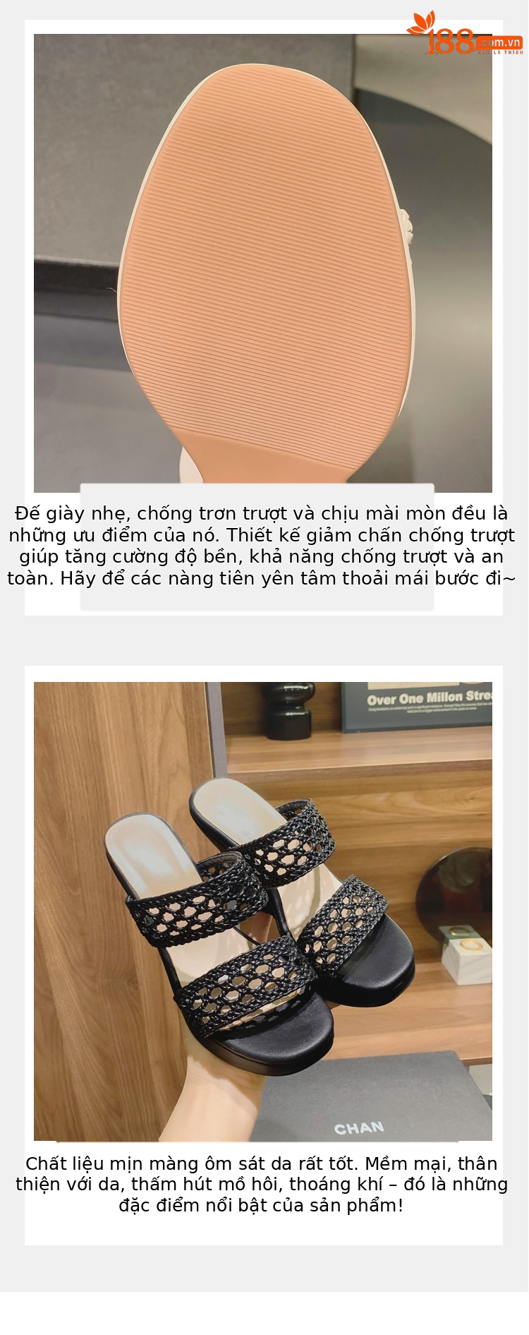 Dép lê đan phong cách Chanel đế xuồng cao gót 10cm cho nữ mùa hè — Màu đen, Màu trắng chi tiết 6