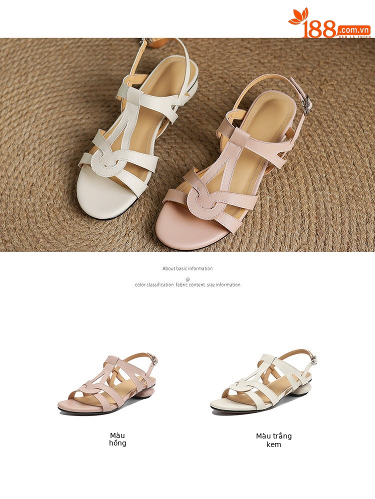 Sandal La Mã quai ngang kiểu dệt mùa hè, mũi tròn, gót dày — màu hồng, Màu trắng nhạt chi tiết 5
