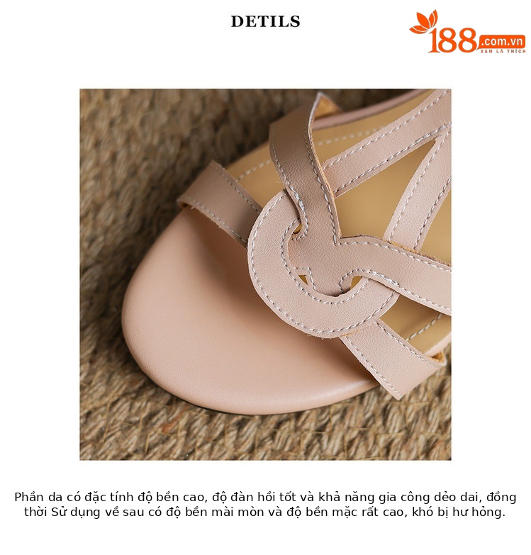Sandal La Mã quai ngang kiểu dệt mùa hè, mũi tròn, gót dày — màu hồng, Màu trắng nhạt chi tiết 17