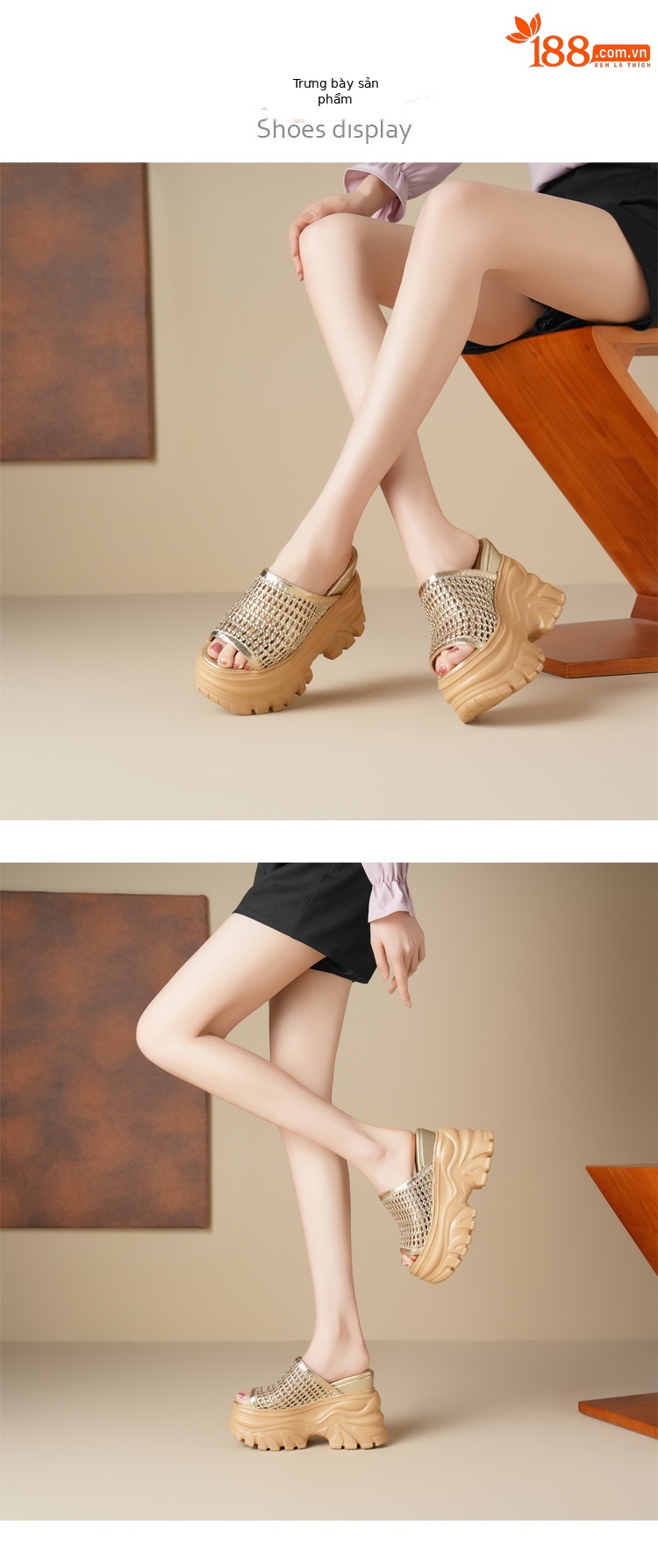 Dép lê đế xuồng dệt rỗng thoáng khí tăng chiều cao 12cm cho nữ, đế xốp dày dáng nhỏ — Màu đen, Màu vàng nhạt, Màu bạc chi tiết 5